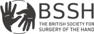 Logo of The British Society for Surgery of the Hand, featuring two stylised black handprints—one large, one small—symbolising specialist expertise in hand and plastic surgery, with the initials BSSH beside the full organisation name in uppercase letters.