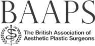 BAAPS logo with a medical staff symbol and laurel. Text reads: “The British Association of Aesthetic Plastic Surgeons,” highlighting the specialist expertise in plastic surgery.