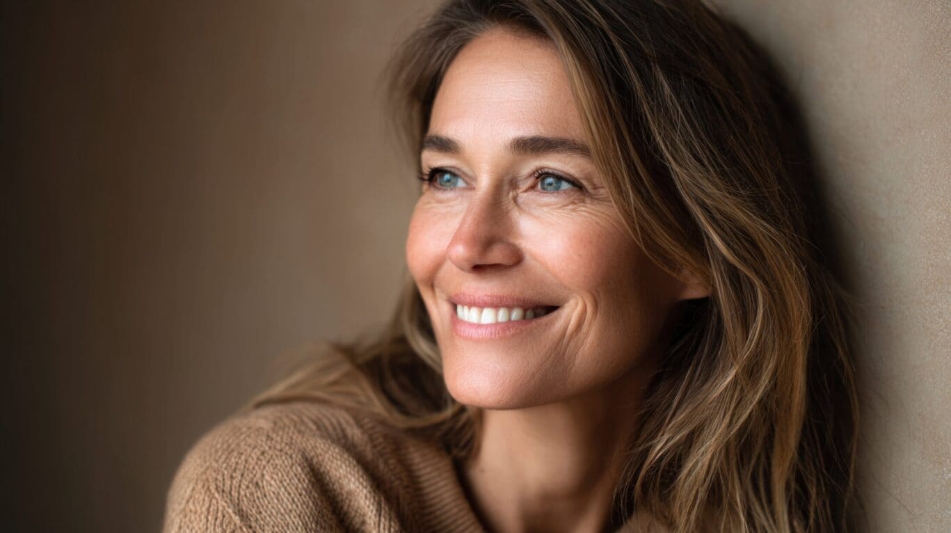Smiling mature woman with blue eyes looking away from the camera