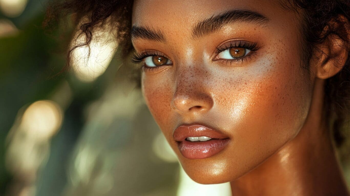Dark skinned woman with freckles looking at camera