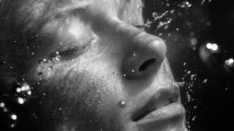 Close-up of a person's face with water droplets splashing on the skin, eyes closed, nose and lips visible