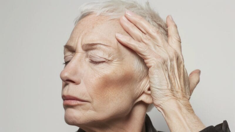 A mature women closing her eyes to show her eyelids, considering blepharoplasty plastic surgery.