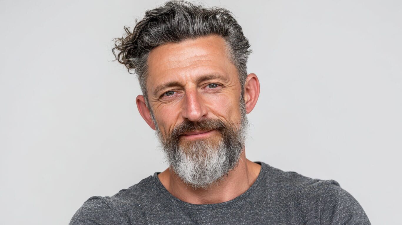 Cheerful 45 year old man alone in a white studio