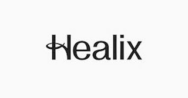 The image shows the word Healix in black text on a white background. The H has a stylised curved line looping through its left vertical stroke, evoking the precision and artistry found in plastic surgery specialist branding.